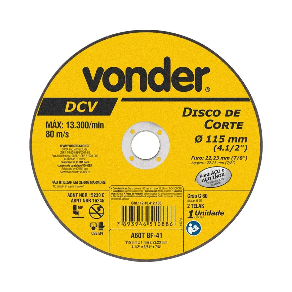 Disco de corte 115 mm x 1 mm x 22,23 mm, DCV, VONDER